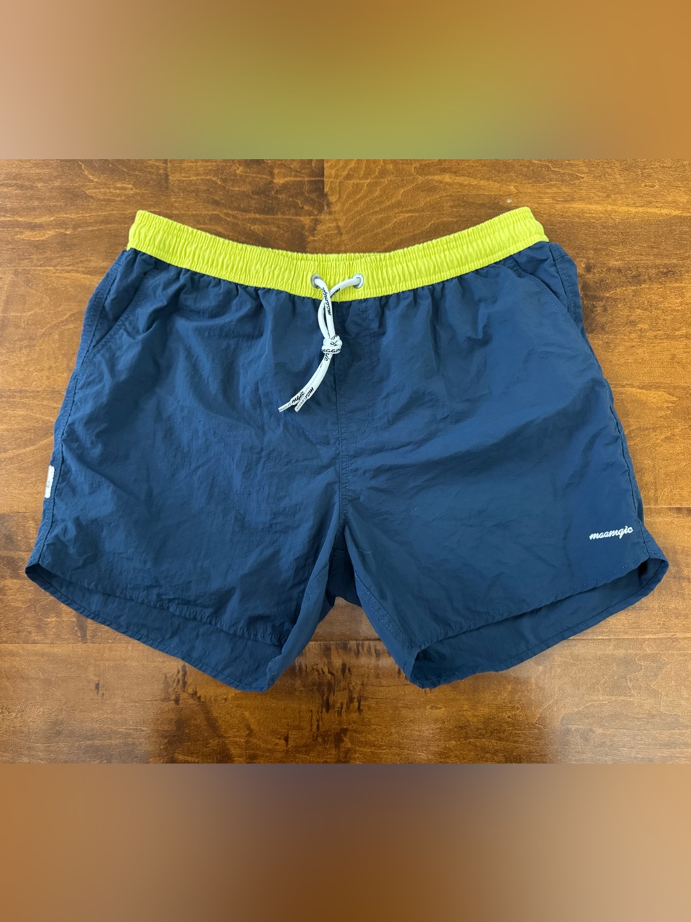 Maamgic Men’s large navy & lime swim trunks. Like new